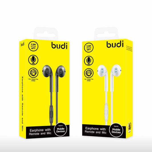 BUDI 3.5MM EARPHONE WITH REMOTE AND MIC IN WHITE AND BLACK COLOUR