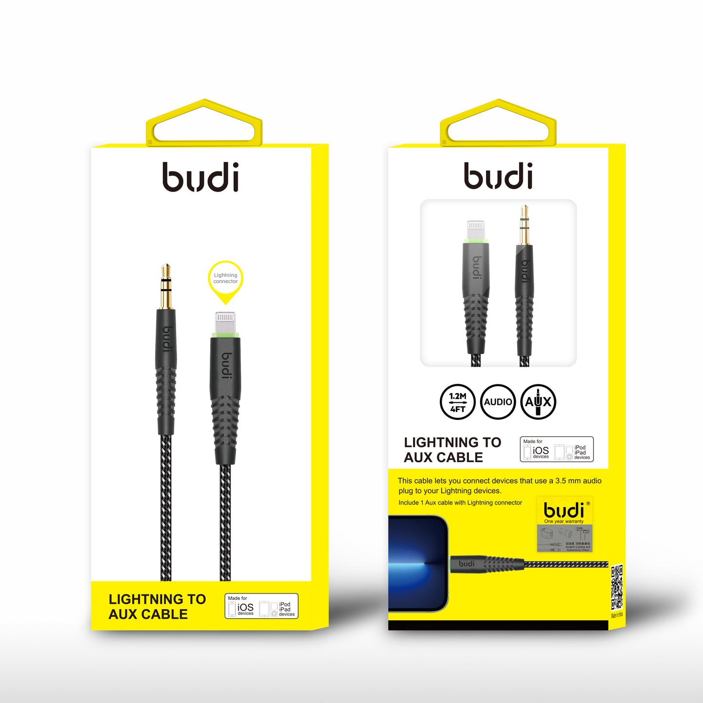 BUDI 1.2M LIGHTNING TO AUX BRAIDED CABLE