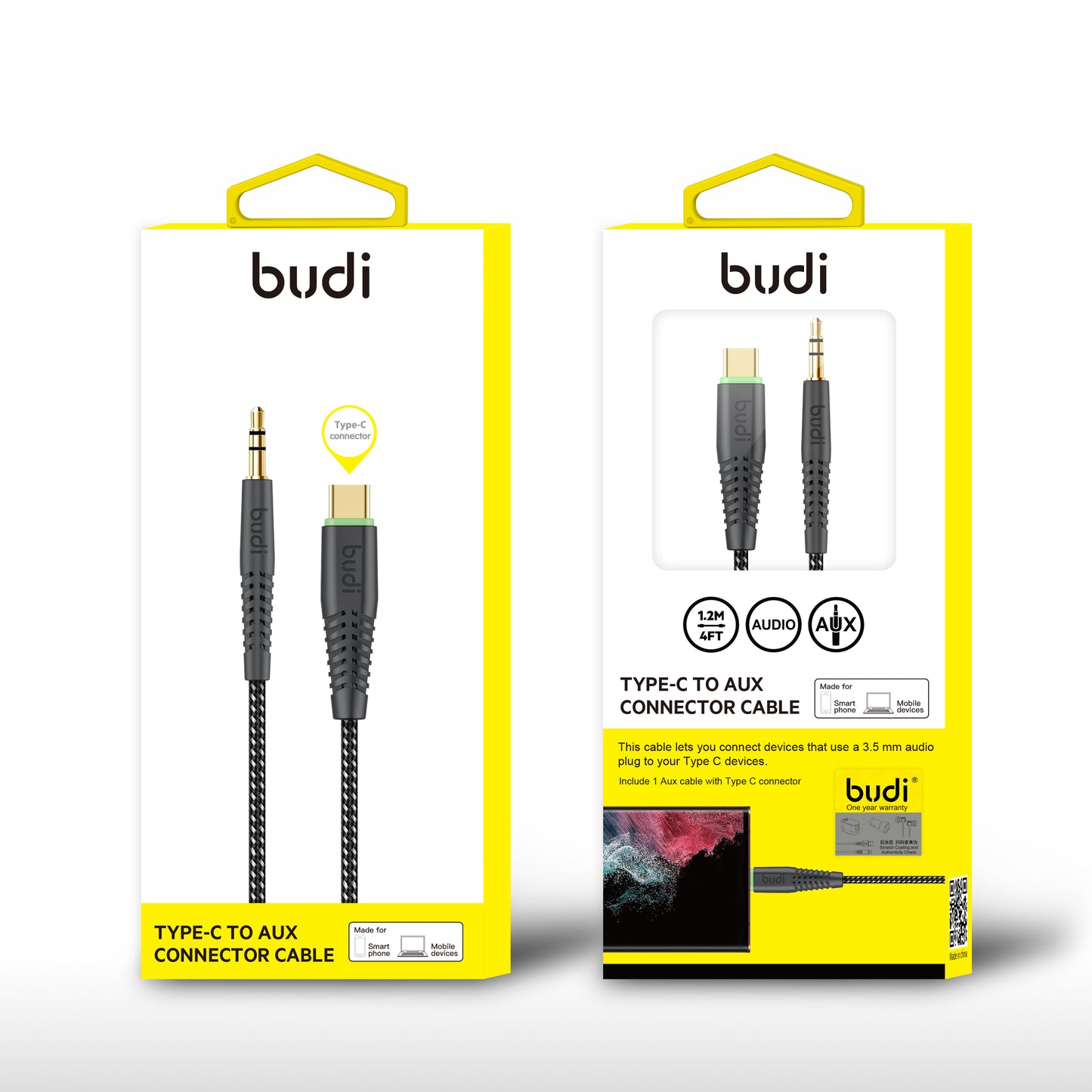 BUDI 1.2M TYPE-C TO AUX BRAIDED CABLE