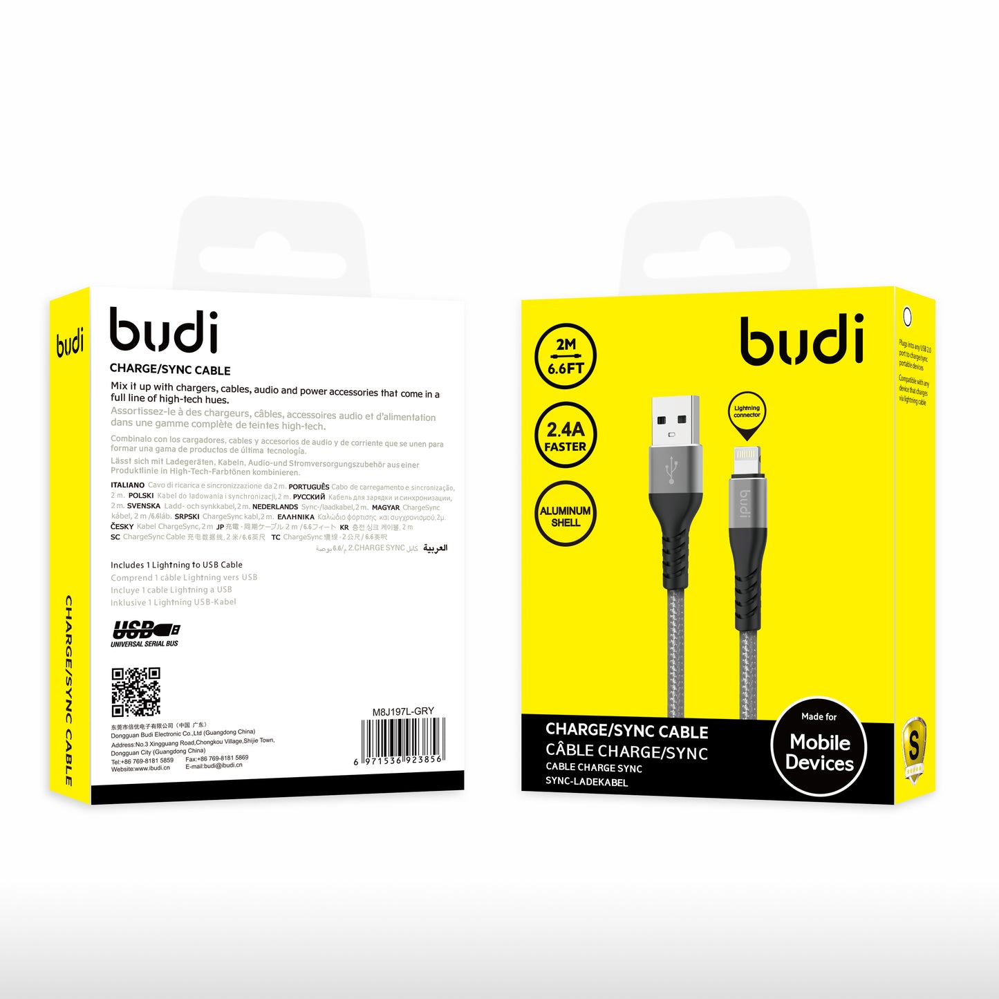 Budi 2m(6.6FT)  Nylon Braided for USB to IPHONE  Fast Charging Cable with Metal Case - Grey colour