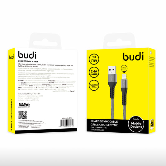 Budi 2m(6.6FT)  Nylon Braided for USB to IPHONE  Fast Charging Cable with Metal Case - Grey colour