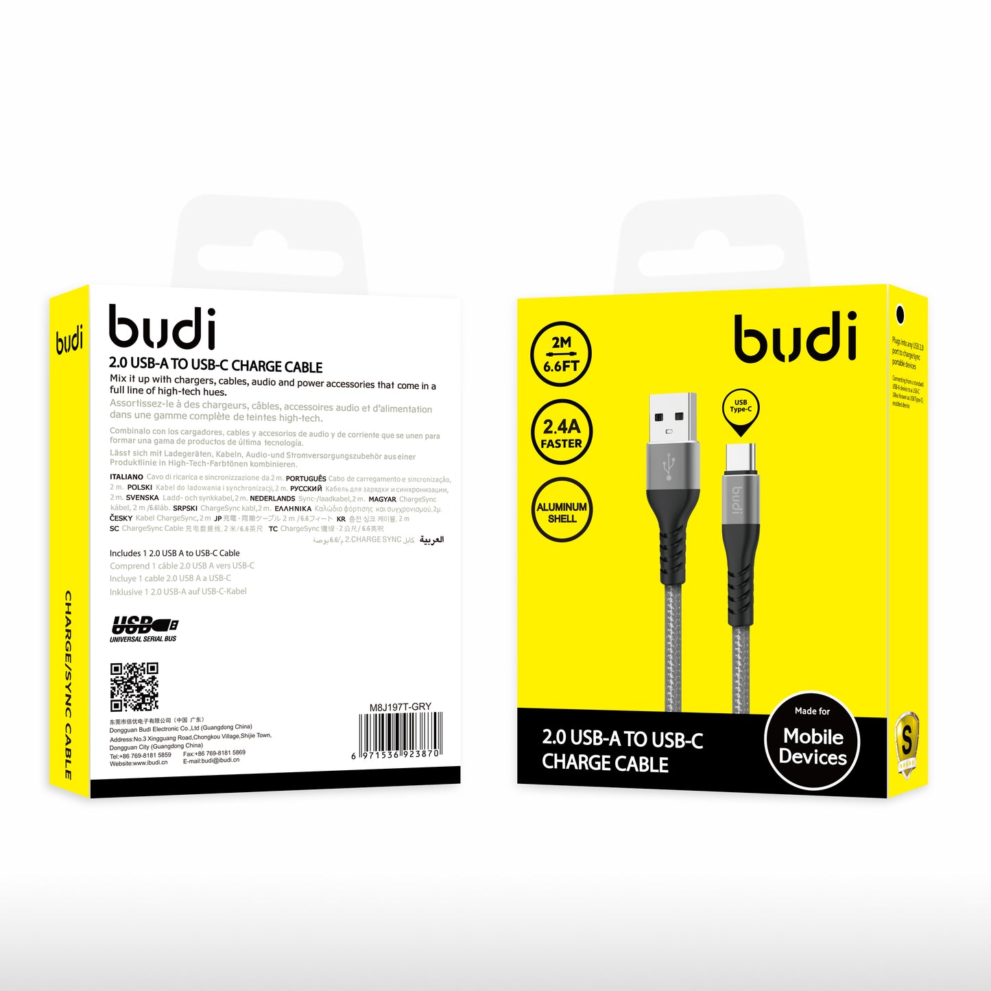 Budi 2m (6.6ft) Nylon Braided USB to TYPE-C Fast Charging Cable - Grey