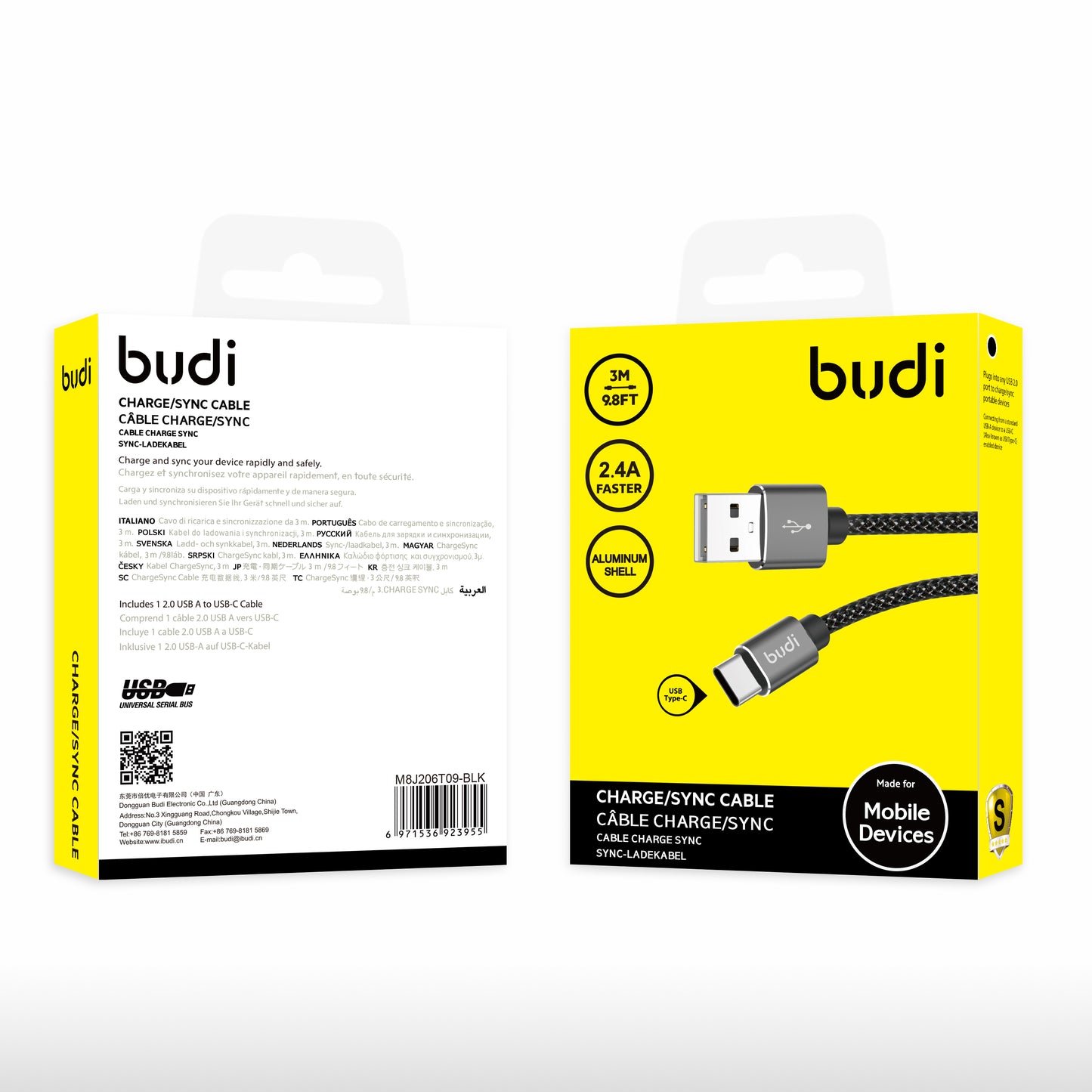 Budi 3 Meter Nylon Braided Fast Charge USB A to TYPE-C Charging Cable