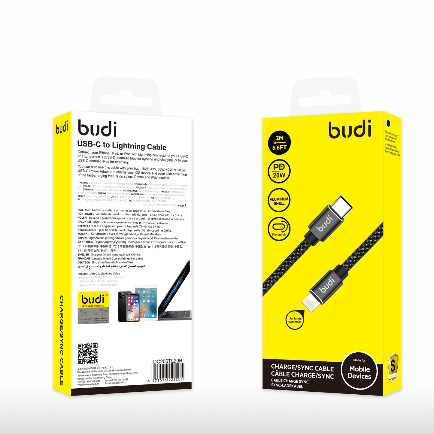 Budi 20W 2M Type-C to iPhone Fast Charging and Sync Cable