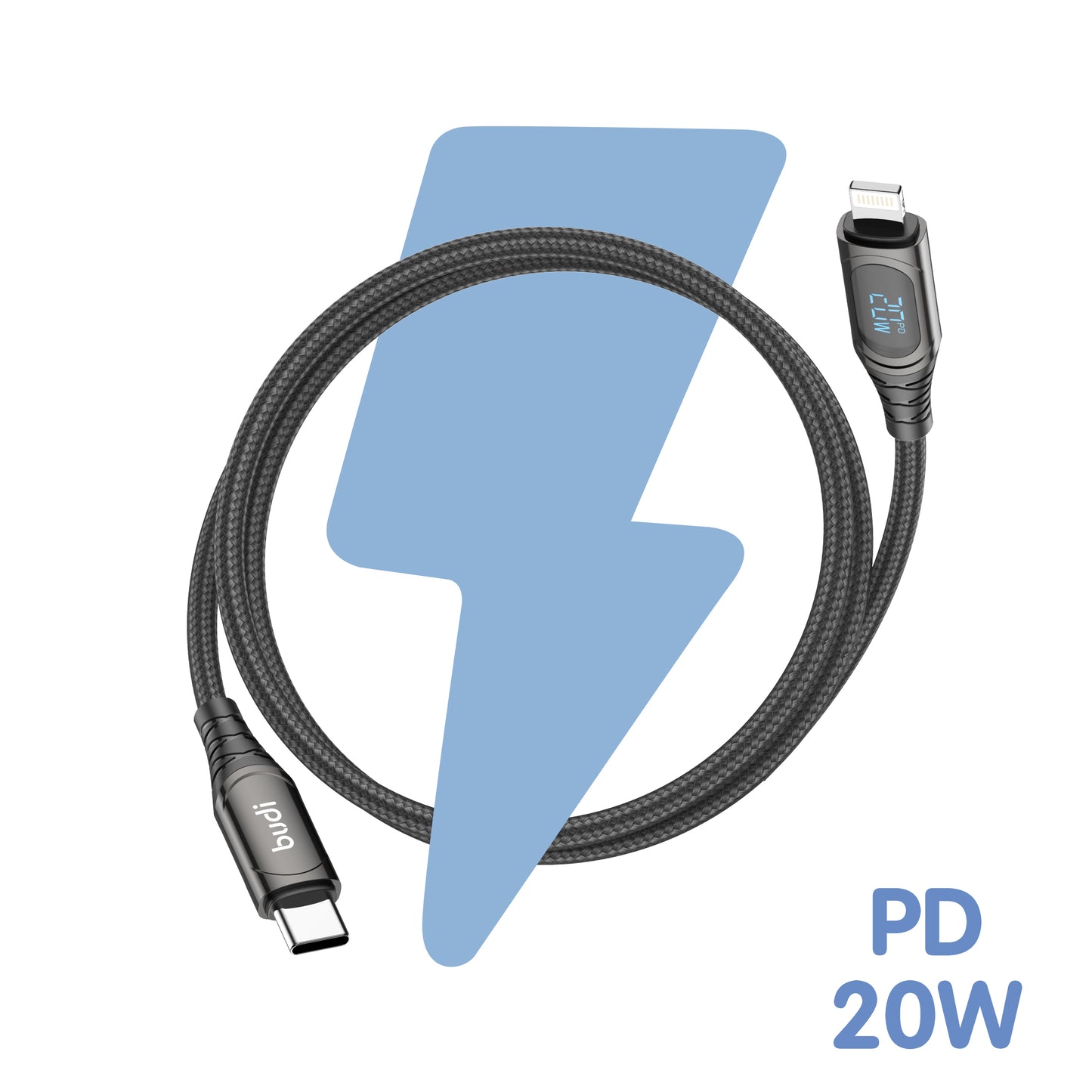 Budi PD20W Type-C to LIGHTNING Charging Cable with LED Indicator and Zinc Alloy Braid