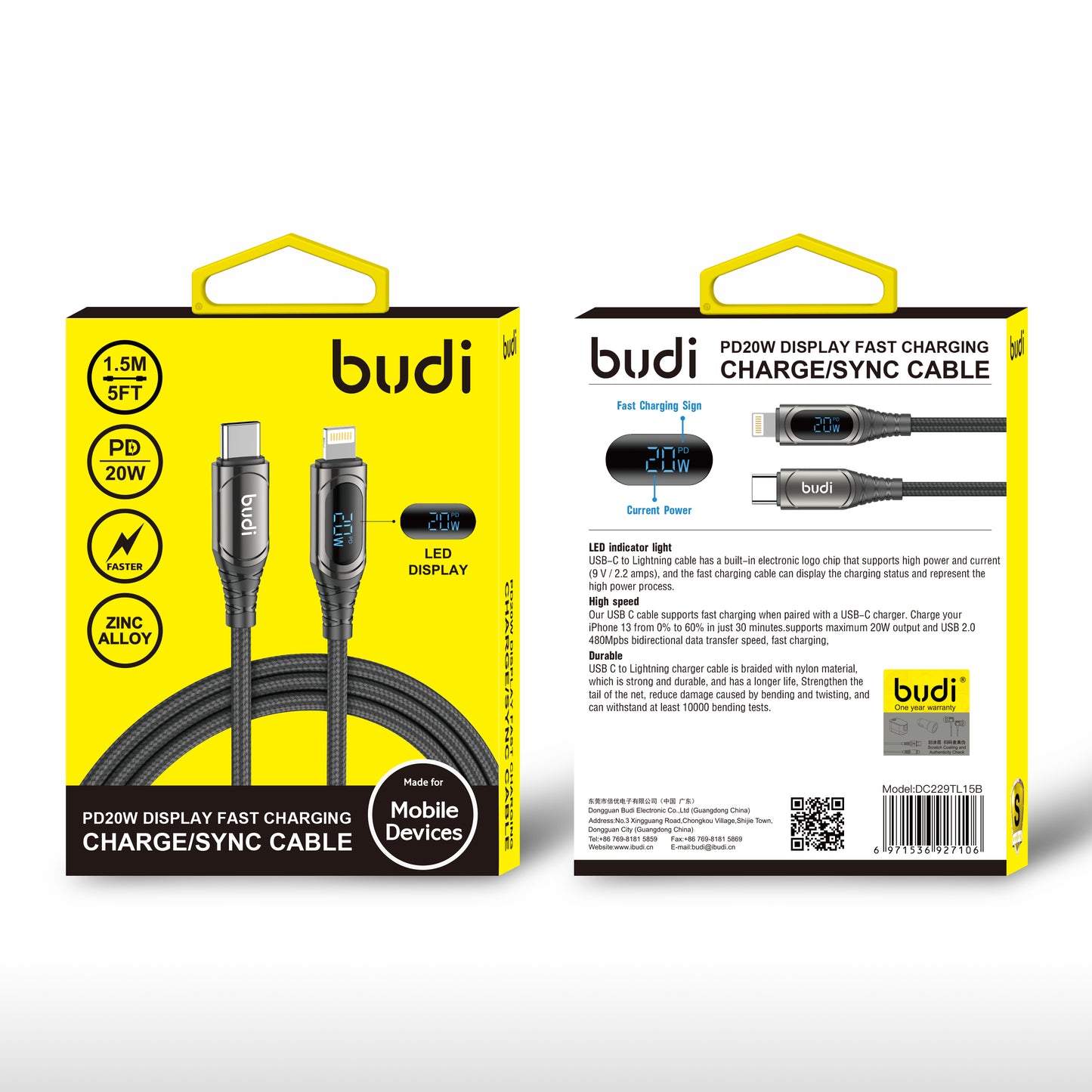 Budi PD20W Type-C to LIGHTNING Charging Cable with LED Indicator and Zinc Alloy Braid