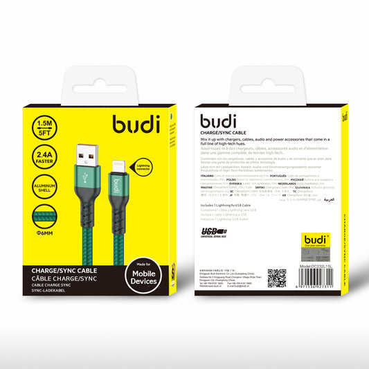 3A BUDI 1.5M USB TO LIGHTNING  Braided CHARGING AND SYNC CABLE IN GREEN COLOUR