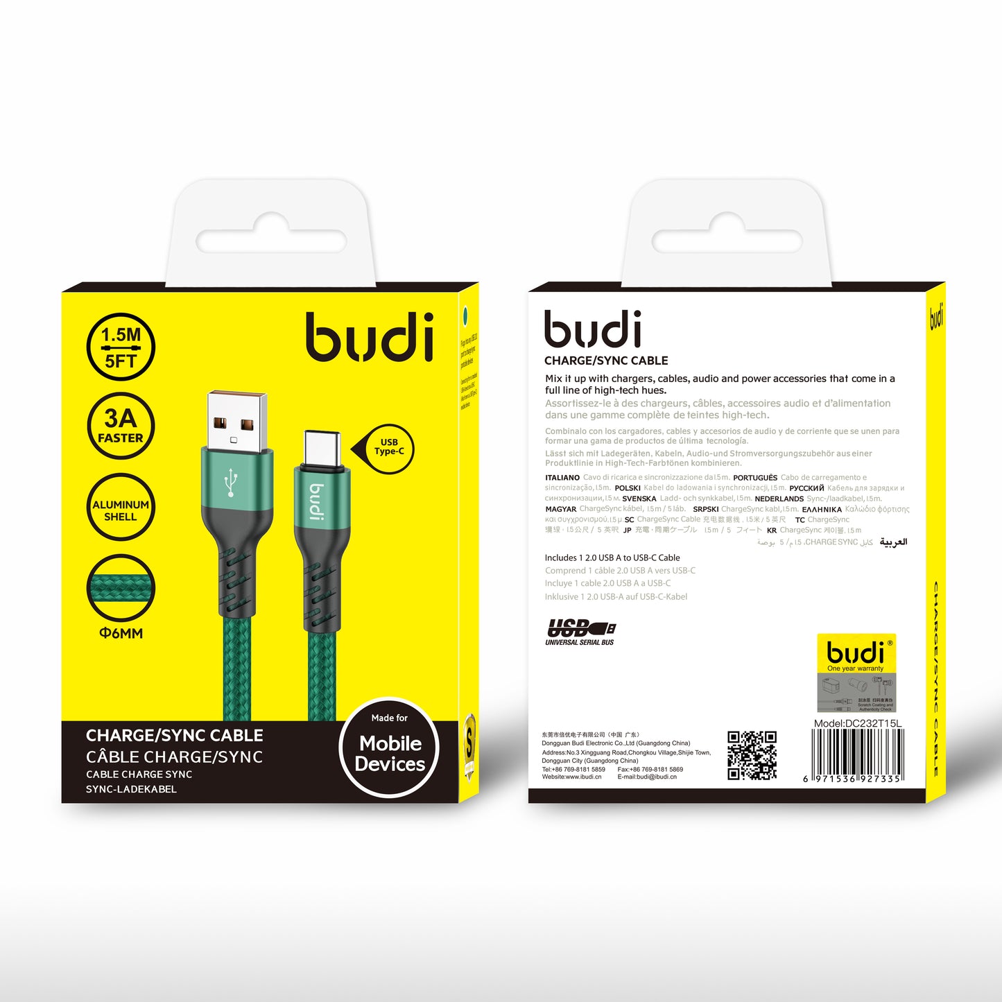 3A BUDI 1.5M USB TO TYPE-C  Braided CHARGING AND SYNC CABLE IN GREEN COLOUR