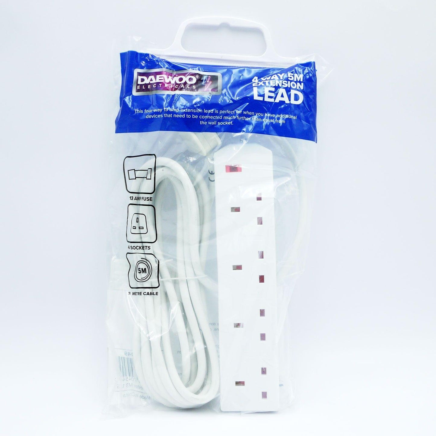 4-Gang Extension Lead with UK Plug, White, 1 Metre, 2 Metre, 5 Metre 250V, 13A