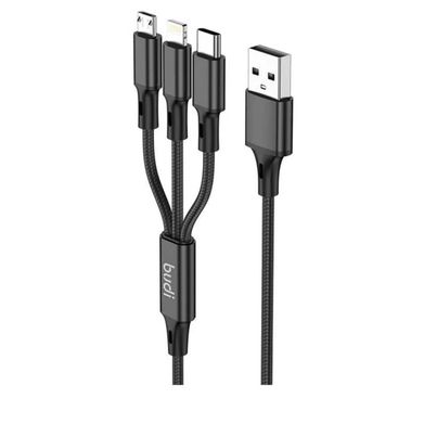 Budi 3-in-1 Braided Fast Charging Cable with Metal Case - 5V 2A - Lightning/Micro USB/USB-C Connectors