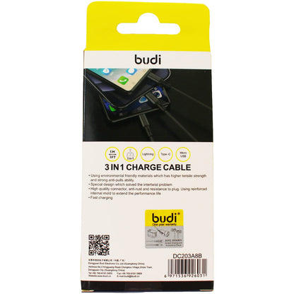 Budi 3-in-1 Braided Fast Charging Cable with Metal Case - 5V 2A - Lightning/Micro USB/USB-C Connectors