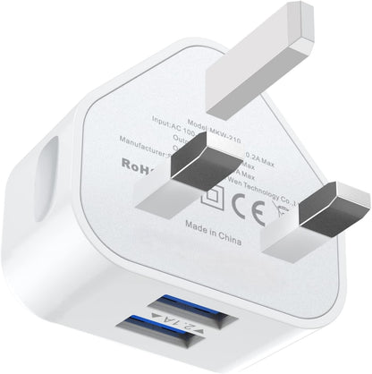 DUAL USB Plug Charger with Smart IC Charging Technology for Mobile Phones and Smartphones - UK Dual Port Wall Adapter