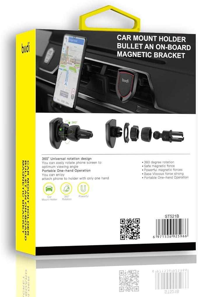 Budi Magnetic Car Phone Mount - 360° Rotating On-Board Holder with Strong Bullet Design - Convenient and Secure Driving Solution