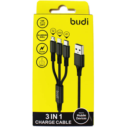 Budi 3-in-1 Braided Fast Charging Cable with Metal Case - 5V 2A - Lightning/Micro USB/USB-C Connectors