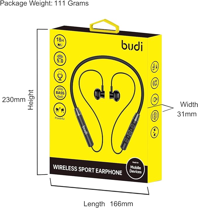 Budi Bluetooth V5.0 Wireless Noise cancelling and suppression with 10m barrier-free distance sports earphones - 18 hour Audio Playtime, Comfortable Earbuds Hanging Design for Active Lifestyle