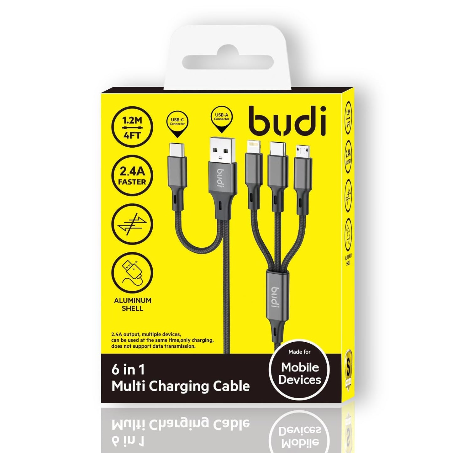 Budi 6-in-1 Universal Multi Charging Cable - USB A/C to Lightning/Micro USB Connectors