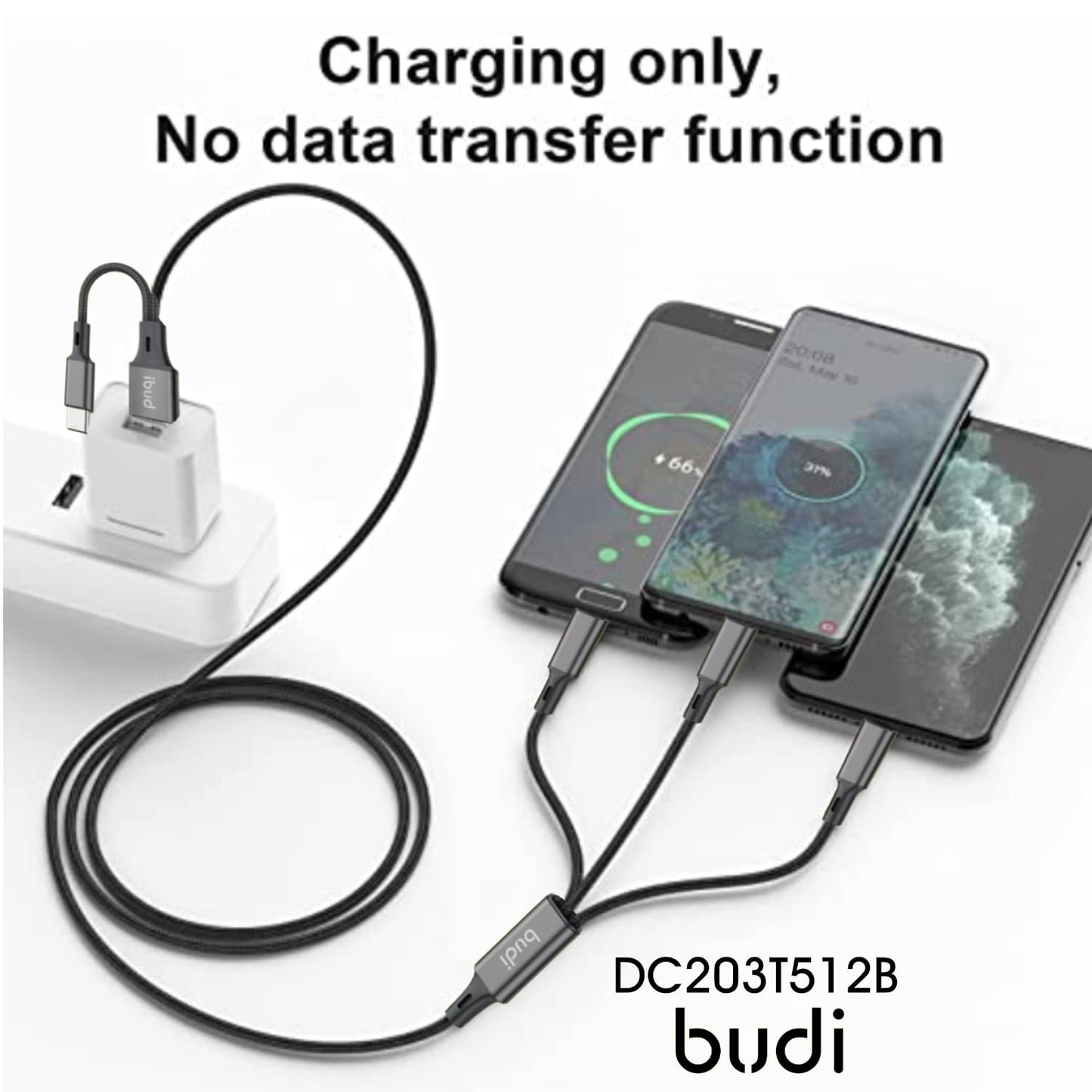 Budi 6-in-1 Universal Multi Charging Cable - USB A/C to Lightning/Micro USB Connectors