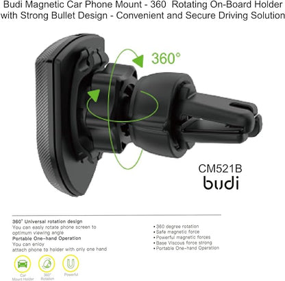 Budi Magnetic Car Phone Mount - 360° Rotating On-Board Holder with Strong Bullet Design - Convenient and Secure Driving Solution