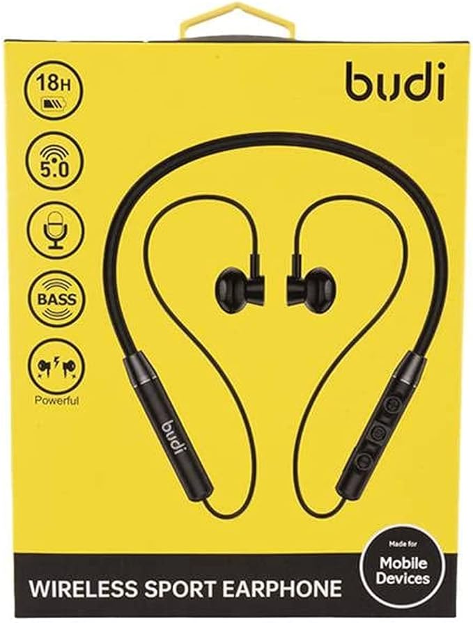 Budi Bluetooth V5.0 Wireless Noise cancelling and suppression with 10m barrier-free distance sports earphones - 18 hour Audio Playtime, Comfortable Earbuds Hanging Design for Active Lifestyle