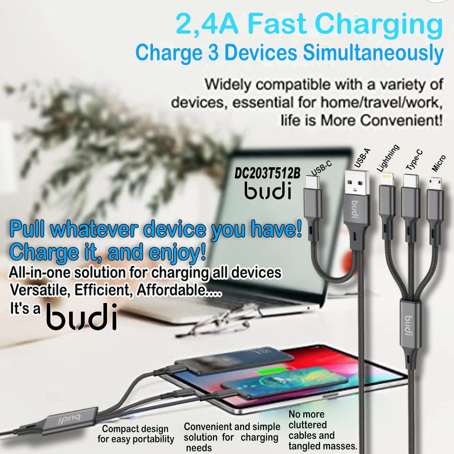 Budi 6-in-1 Universal Multi Charging Cable - USB A/C to Lightning/Micro USB Connectors