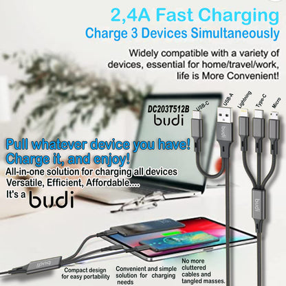 Budi 6-in-1 Universal Multi Charging Cable - USB A/C to Lightning/Micro USB Connectors