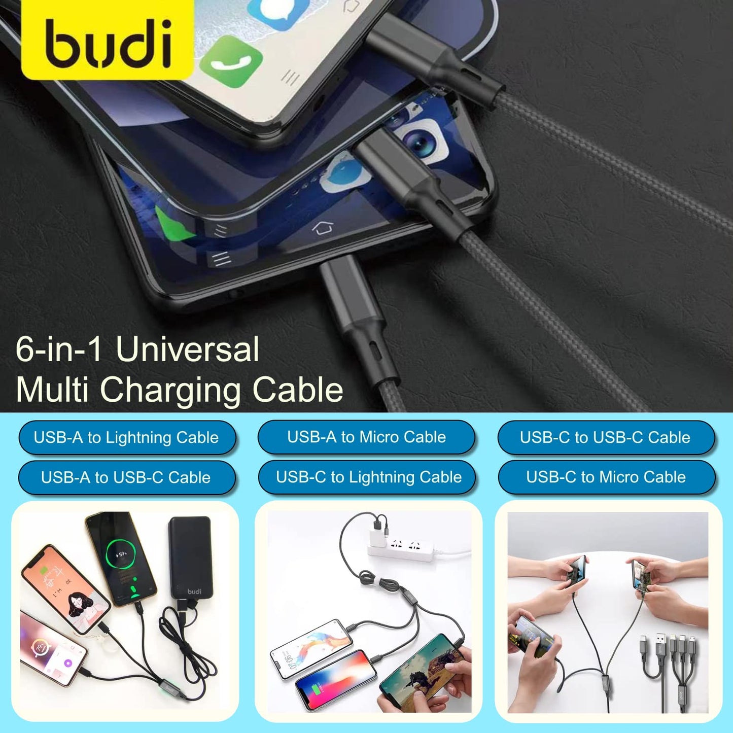 Budi 6-in-1 Universal Multi Charging Cable - USB A/C to Lightning/Micro USB Connectors