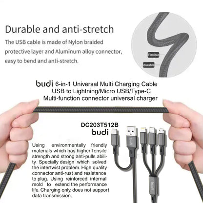 Budi 6-in-1 Universal Multi Charging Cable - USB A/C to Lightning/Micro USB Connectors