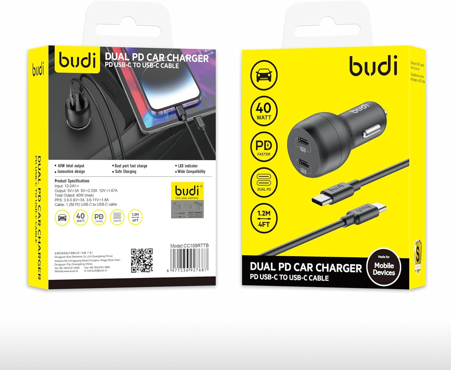 Budi - Dual PD Car Charger & PD USB-C to USB-C Cable - CC108RTTB