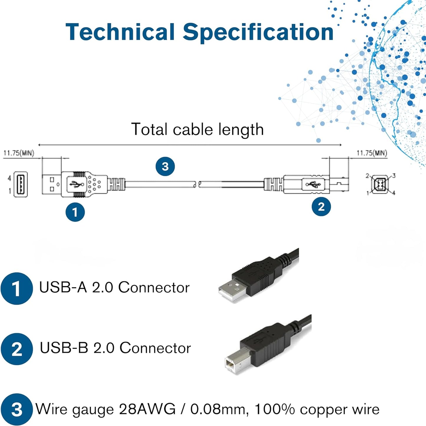 USB Printer Cable, USB 2.0 A to B Lead. Compatible with printers and scanners