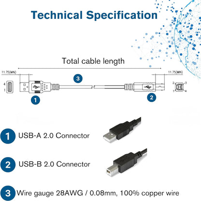 USB Printer Cable, USB 2.0 A to B Lead. Compatible with printers and scanners