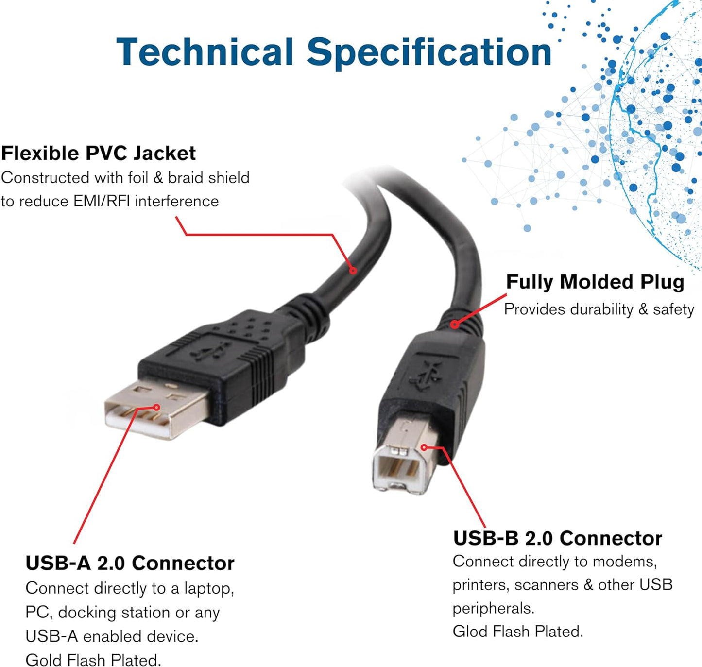 USB Printer Cable, USB 2.0 A to B Lead. Compatible with printers and scanners