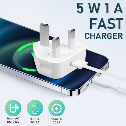 2AMP Fast Speed Travel USB Wall Charger UK 3 Pin Plug USB Mains Charger Adapter Compatible with iPhone iPad iPod and Samsung Galaxy Tab Huawei Tablet & USB Socket Devices (White)