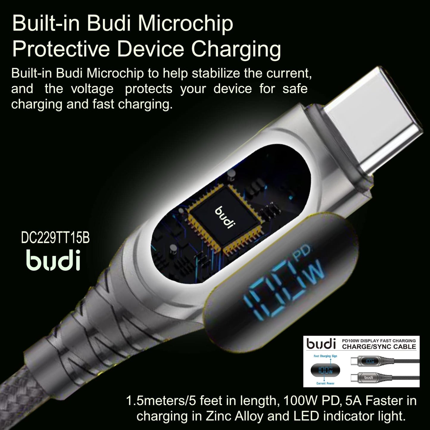 Budi PD100W Type-C to Type-C Charging Cable with LED Indicator and Zinc Alloy Braid, 1.5m for Mac book Pro/Air/Samsung , Huawei/Xiaomi