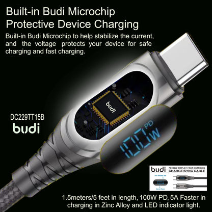 Budi PD100W Type-C to Type-C Charging Cable with LED Indicator and Zinc Alloy Braid, 1.5m for Mac book Pro/Air/Samsung , Huawei/Xiaomi