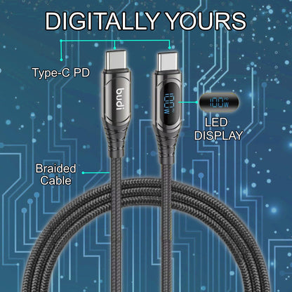 Budi PD100W Type-C to Type-C Charging Cable with LED Indicator and Zinc Alloy Braid, 1.5m for Mac book Pro/Air/Samsung , Huawei/Xiaomi