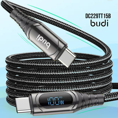 Budi PD100W Type-C to Type-C Charging Cable with LED Indicator and Zinc Alloy Braid, 1.5m for Mac book Pro/Air/Samsung , Huawei/Xiaomi