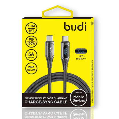 Budi PD100W Type-C to Type-C Charging Cable with LED Indicator and Zinc Alloy Braid, 1.5m for Mac book Pro/Air/Samsung , Huawei/Xiaomi