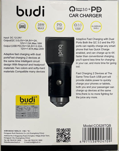 BUDI 2-in-1 Fast Car Charger 38W Universal USB Type C Dual Port Charging Cable 20w High Power 3.0 PD Quick Chargers