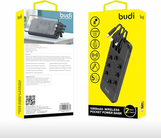 Budi 10 000 mAh Wireless Power Bank ( 3 Integrated Cables)