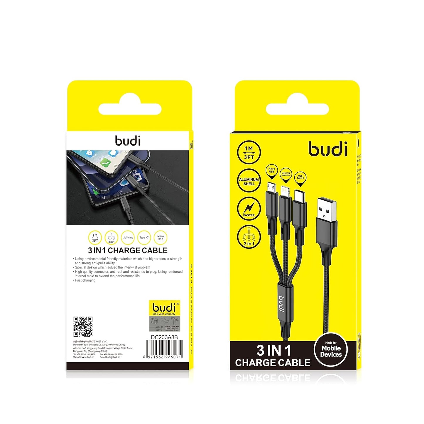 Budi 3-in-1 Braided Fast Charging Cable with Metal Case - 5V 2A - Lightning/Micro USB/USB-C Connectors