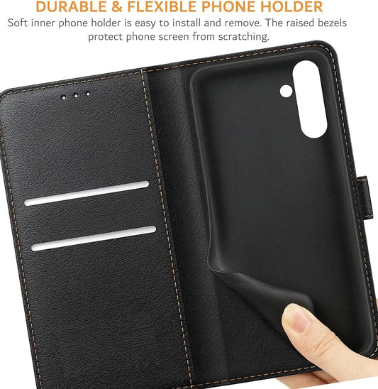 Samsung A Series Leather Wallet Case with Card Holder and Magnetic Closure - Black PU Leather