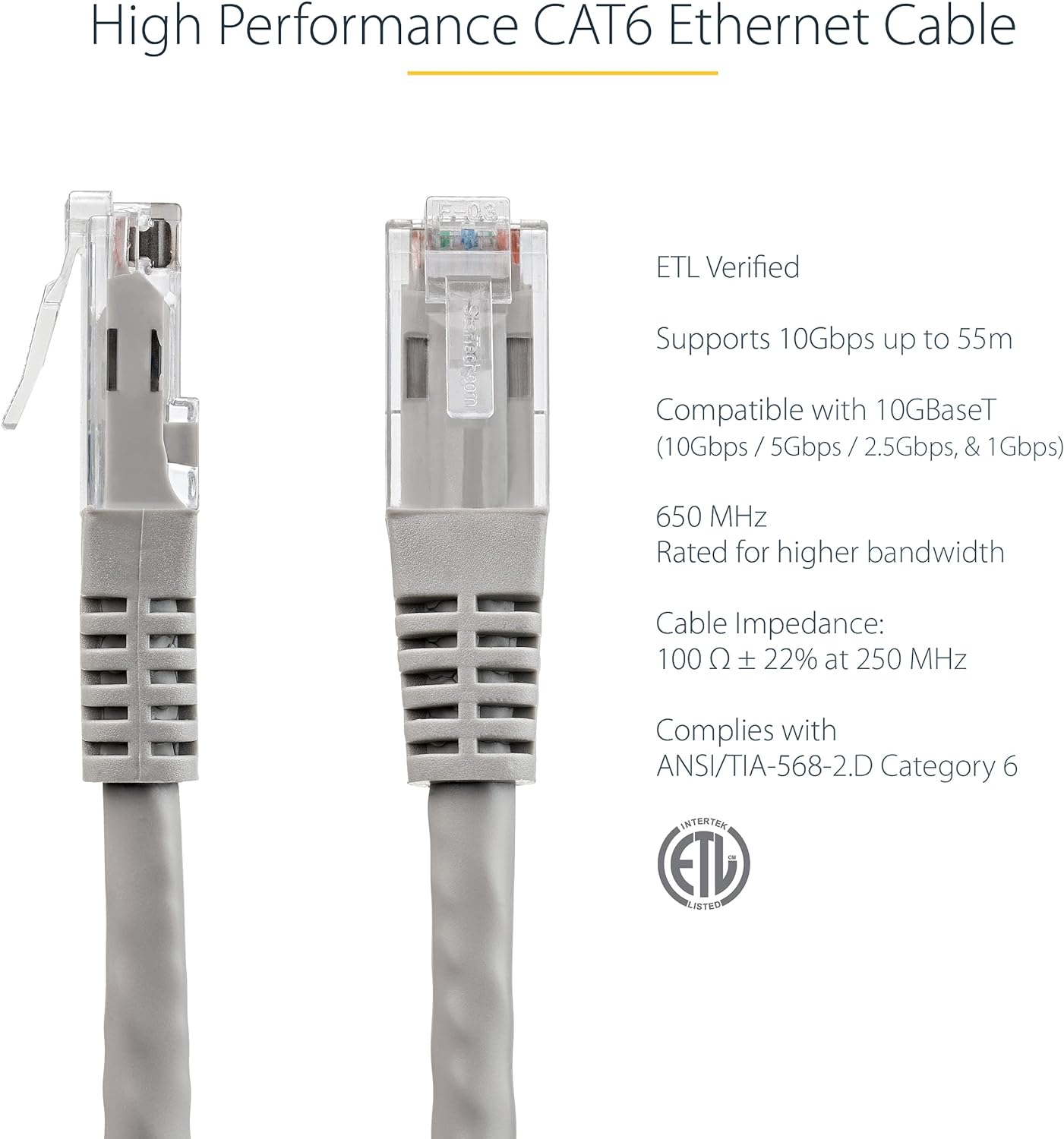 Gray CAT 6 Ethernet Wire -650MHz 100W PoE++ RJ45 UTP Molded Category 6 Network