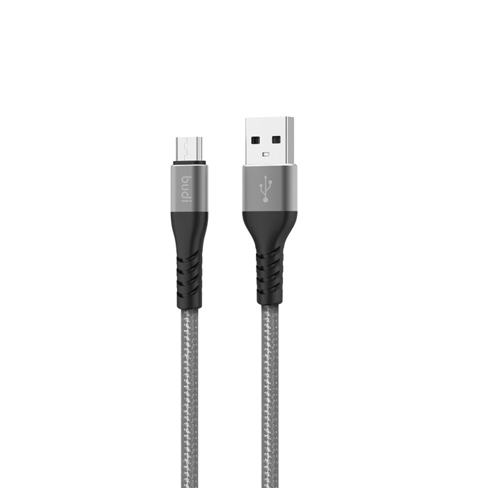 Budi 2m (6.6FT) 2.4A Nylon Braided USB to MICRO Fast Charging Cable with Metal Case - Grey