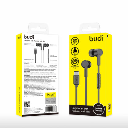 Budi Type-C Earphones with Remote and Mic (1.2m) - Black & White