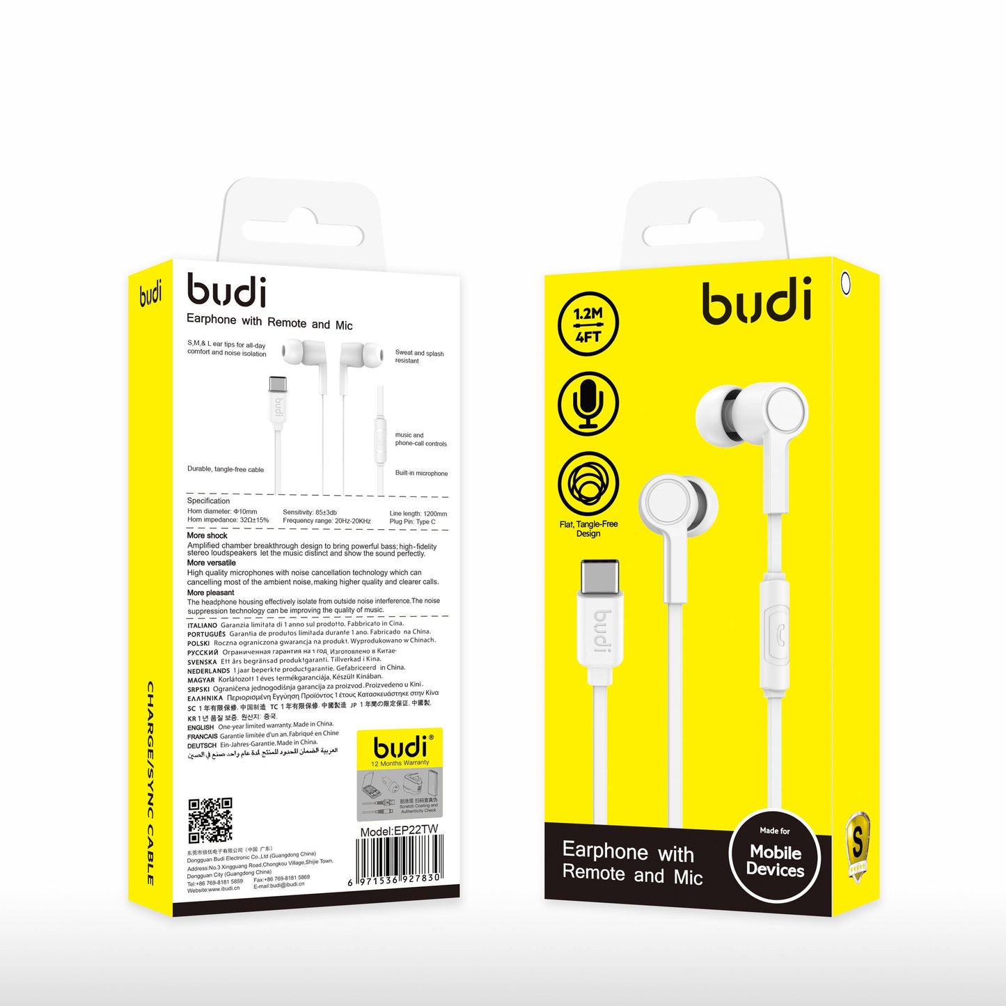 Budi Type-C Earphones with Remote and Mic (1.2m) - Black & White