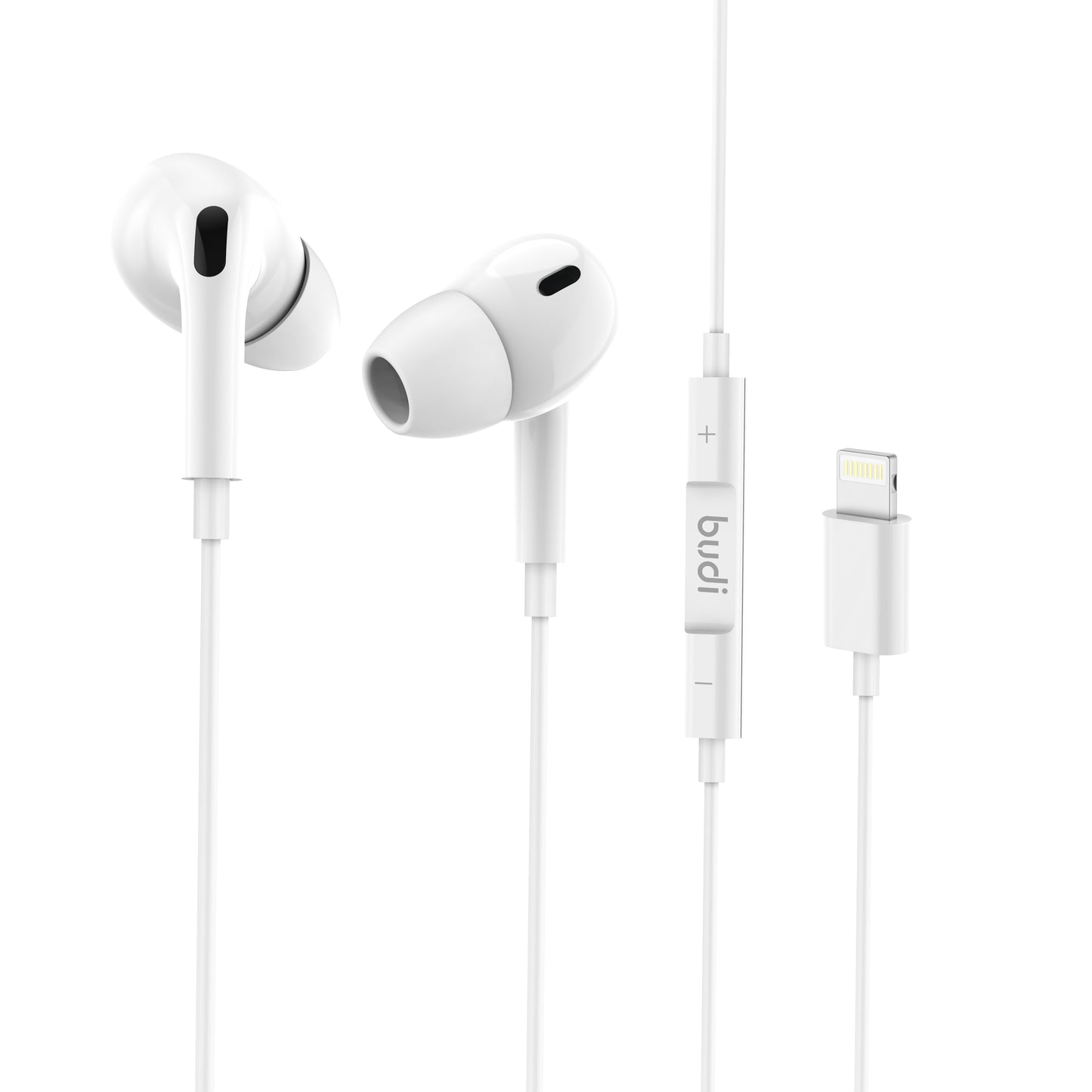 Budi Lightening Connector Earphones 1.2M With Remote Volume Controls & Mic For iPhones-WHITE