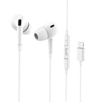 Budi Lightening Connector Earphones 1.2M With Remote Volume Controls & Mic For iPhones-WHITE