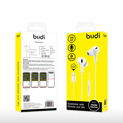 Budi Lightening Connector Earphones 1.2M With Remote Volume Controls & Mic For iPhones-WHITE