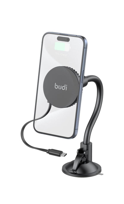 Budi - Universal Magnetic Wireless Car Charger and Holder - Windshield + Vent + Retractable 1m Cable