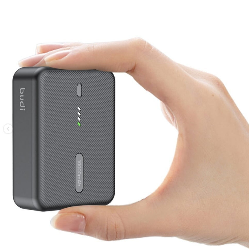 Budi Super mini Power bank Specifications: - Capacity: 10000mAh - Type-C : 22.5w PD port - USB A : 3.0 Quick Charge - Super mini & Light weight - Fast Charging